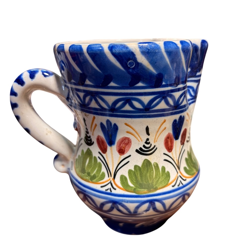 Hand‎ Painted Folk Art Ceramic Pitcher Blue Floral Creamer Small Milk Jug Signed
